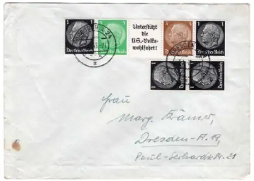 Deutsches Reich Einheitsgeberstreifen 1 Zusammendruck "Unterstützt die NS.-Volkswohlfahrt!" o Dresden A24 3.1.1943