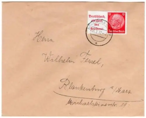 Deutsches Reich Michel W67 A10+519 Zusammendruck "Deutschland, ein Hort des Friedens!" o Hohegeis 24.2.1937