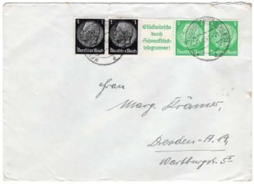 Deutsches Reich Michel W88.1 A14.2+515 Zusammendruck "Glückwünsche durch Schmuckblatttelegramme!" o Kreuzburg (Oberschlesien) 7.3.1941