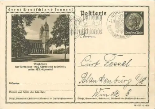 Lernt Deutschland kennen! Magdeburg Ganzsache 6 Pfennig Hindenburg braun Sonderstempel Reichsparteitag Nürnberg 7.9.1938