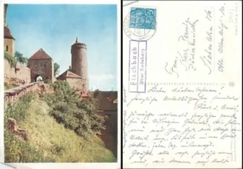 Fischbach über Radeberg Landpoststempel auf AK Bautzen Mühltor o 9.8.1958