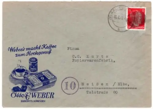 Hitlerkopfschwärzung 12 Pfennig auf Brief Webers Kaffee Radebeul 16.6.1945 nach Meißen