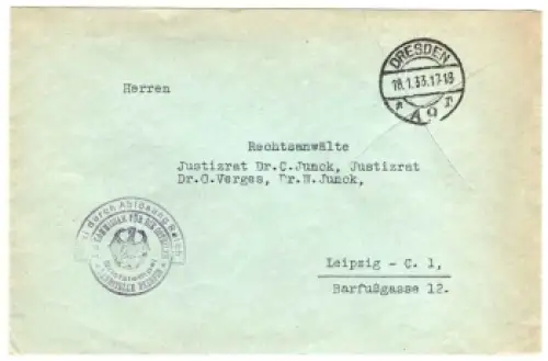Frei durch Ablösung Reich "Der Kommissar für die Osthilfe Landesstelle Dresden o 18.11933 nach Leipzig