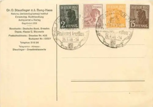 Gemeinschaftsausgaben Michel 943 948 952 956 auf Karte mit Sonderstempel Dresden Philatelisten Tag 26.6.1948