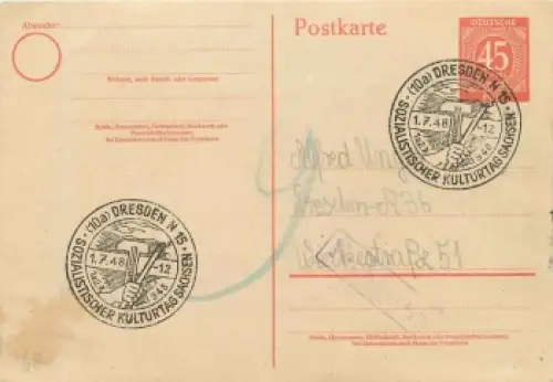 Kontrollratsausgabe Ganzsache 45 Pfennig Sonderstempel Dresden N15 Sozialistischer Kulturtag Sachsen 1.7.1948