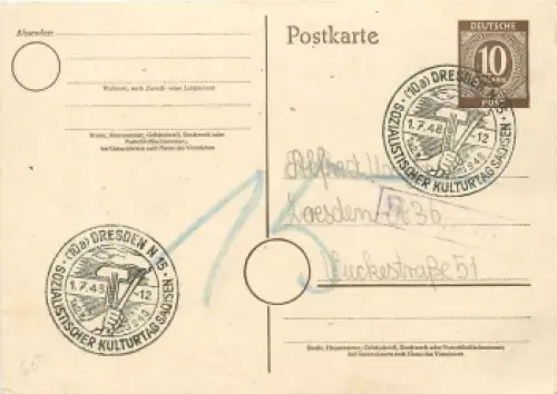 Kontrollratsausgabe Ganzsache 10 Pfennig Sonderstempel Dresden N15 Sozialistischer Kulturtag Sachsen 1.7.1948