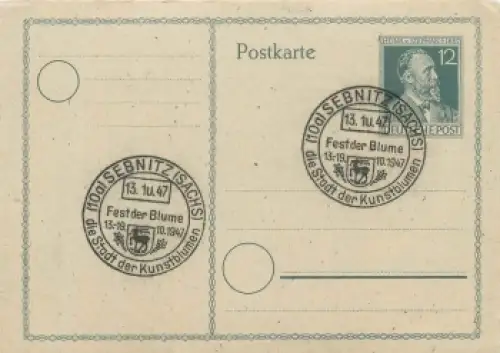 Gemeinschaftsausgaben Heinrich von Stephan Ganzsache 12 Pfennig Sonderstempel Sebnitz Fest der Blume 13.10.1947