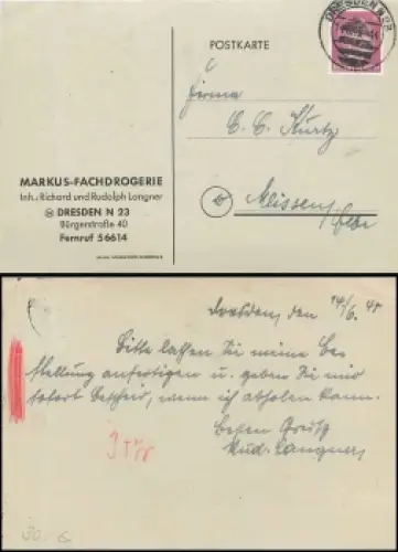 SBZ Schwärzung 6 Pfennig Hitler auf Karte o Dresden N23 14.6.1945