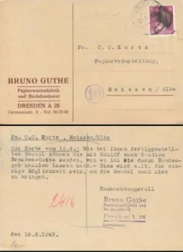 SBZ Schwärzung 6 Pfennig Hitler auf Karte o Dresden N28 20.6.1945