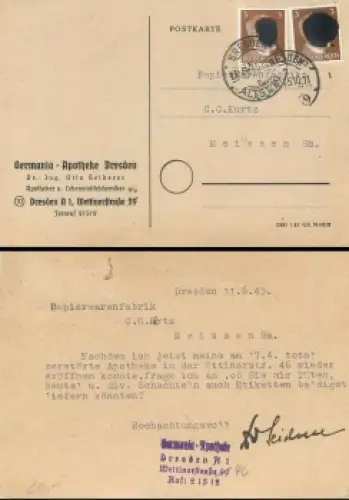 SBZ AP782 II Schwärzung 3 Pfennig Hitler auf Karte o Dresden Altst.19 14.6.1945