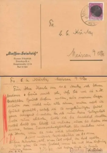 SBZ Schwärzung 6 Pfennig Hitler auf Karte o Dresden Neust.6 14.6.1945 nach Meissen