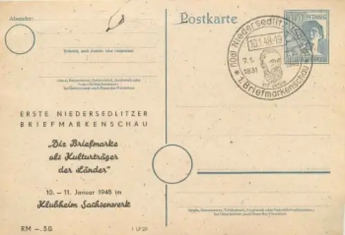 Kontrollratsausgabe Privatganzsache 12 Pfennig Sonderstempel Niedersedlitz Briefmarkenschau 10.1.1948
