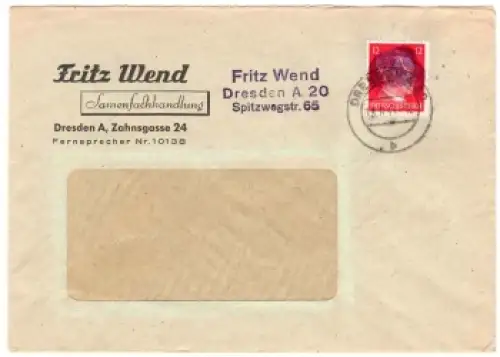 Hitlerkopfschwärzung 12 Pfennig auf Brief o Dresden 13.6.1945