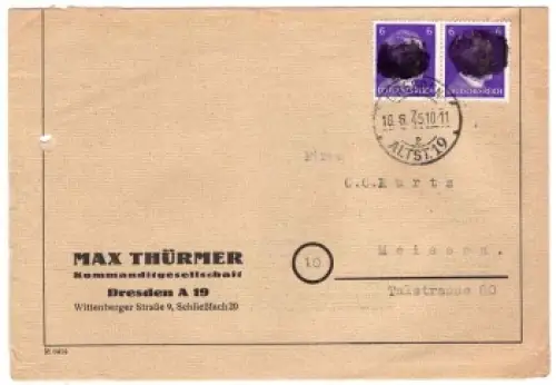 Hitlerkopfschwärzung 2 x 6 Pfennig Waagerechtes Paar auf Brief o Dresden Altst.19 16.6.1945 nach Meissen