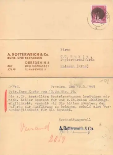 Hitlerkopfschwärzung 6 Pfennig auf Karte Farbenfabrik Dotterweich o Dresden N24 19.6.1945 nach Meissen