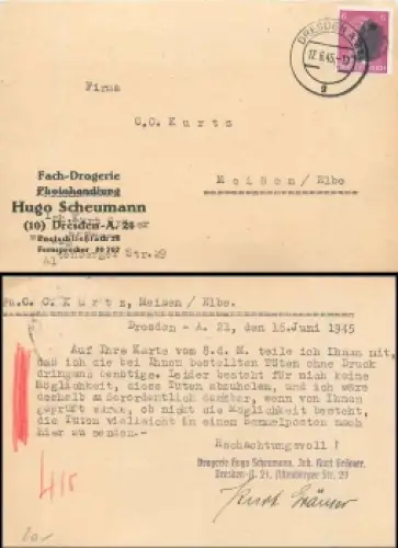 Hitlerkopfschwärzung 6 Pfennig auf Karte Drogerie Scheumann o Dresden N21 17.6.1945 nach Meissen