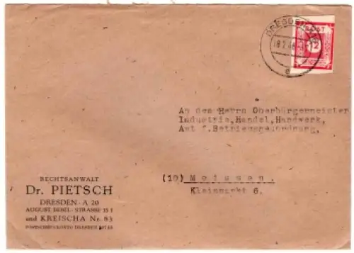SBZ Michel 46A 12 Pf Ziffernserie Einzelfrankatur auf Brief o Dresden A16 18.2.1946 nach Meissen