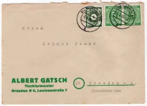 SBZ Michel 43B 6 Pf Ziffernserie und GA Michel 915 auf Ortsbrief o Dresden N25 5.8.1946