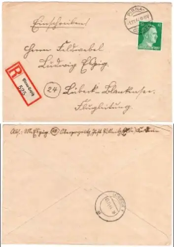 Deutsches Reich Michel A795 42 Pf. Hitler auf R-Brief o Pirna-Copitz 1.11.1944 nach Lübeck