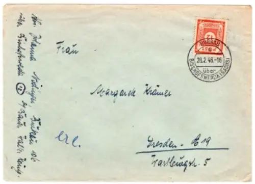 SBZ Michel 60 12 Pfennig Ziffernserie auf Brief von Burkau über Bischofswerda 28.2.1946 nach Dresden