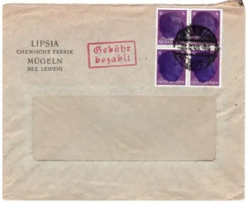 SBZ OPD Leipzig Schwärzung AP 785 III 4 x 6 Pf Hitler mit Gebühr bezahlt Stempel o Mügeln 25.7.1945