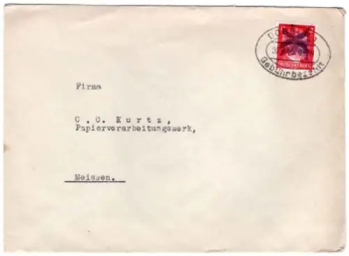 SBZ Döbeln Handübermalung auf 12 Pf Hitler mit ovalem Gebühr bezahlt Stempel 20.7.1945 nach Meissen