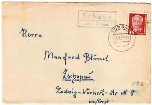 04862 Schöna über Torgau Landpoststempel 19.8.1952