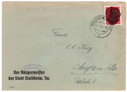 SBZ OPD Dresden Hitlerkopfschwärzung Michel AP 788 II 12 Pfennig auf Brief o Waldheim 14.7.1945 nach Meißen