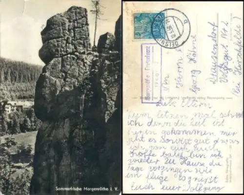08262 Morgenröthe Rautenkranz (Vogtl) 2 Landpoststempel auf AK o 12.5.1956