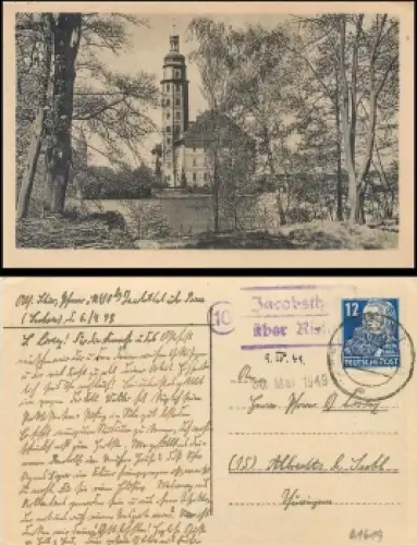 01619 Jacobsthal über Riesa 10 Landpoststempel auf AK o 6.4.1949