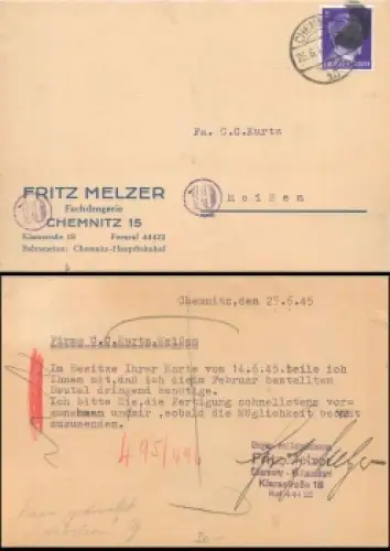 SBZ Schwärzung OPD Chemnitz AP 785 6 Pfg Hitler auf Postkarte von Chemnitz 26.6.1945 nach Meissen