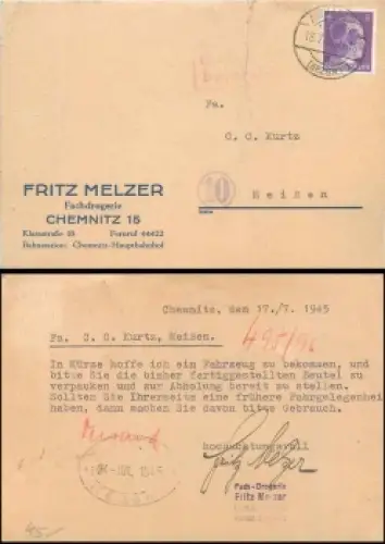 SBZ Schwärzung OPD Chemnitz AP 785 6 Pfg Hitler auf Postkarte Gebühr bezahlt Stempel von Chemnitz 18.7.1945 nach Meissen