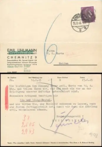 SBZ Schwärzung OPD Chemnitz AP 785 6 Pfg Hitler auf Postkarte von Chemnitz 25.6.1945 nach Meissen Nachgebühr