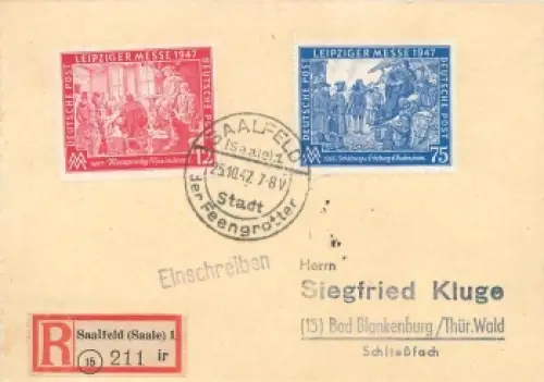 Leipziger Messe 1947 Michel 965 966 auf R-Karte von Saalfeld 25.10.1947 nach Bad Blankenburg
