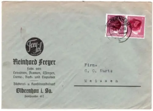 Olbernhau OPD Chemnitz Schwärzung auf waagerechtem Paar 6 Pfg Hitler auf Brief o 12.7.1945 nach Meissen