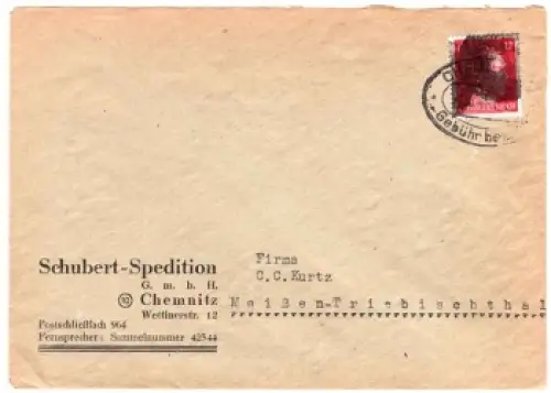 Chemnitz OPD Schwärzung AP 788 12 Pfg Hitler auf Brief ovaler Gebühr bezahlt Stempel 1.8..1945 nach Meissen