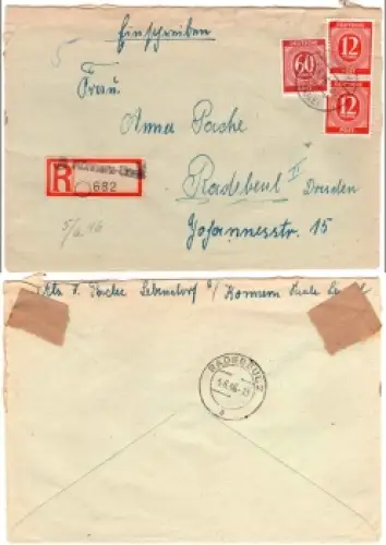 Kontrollratsausgabe Michel 933 919 auf R Brief von Könnern Saale 3.6.1946 nach Radebeul