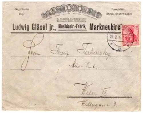 Markneukirchen dekorativer Briefumschlag der Musikinstrumenten Fabrik Ludwig Gläsel o 24.2.1914