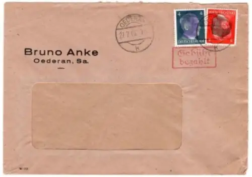 Oederan OPD Chemnitz Schwärzung AP 783 786 roter Gebühr bezahlt Stempel auf Brief o 27.7.1945
