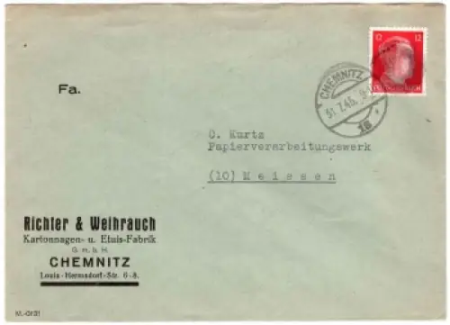 Chemnitz OPD Schwärzung AP 788 12 Pfg Hitler auf Brief 31.7.1945 nach Meissen
