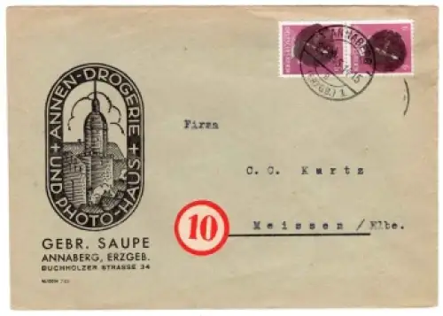 Annaberg Erzgebirge OPD Chemnitz Schwärzung AP 785 6 Pfg Hitler Streifen auf Brief 21.6.1945 nach Meissen
