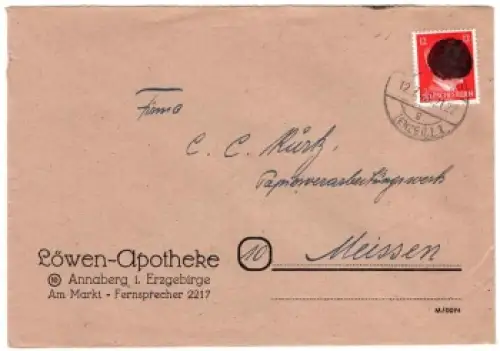 Annaberg Erzgebirge OPD Chemnitz Schwärzung AP 788 12 Pfg Hitler Löwen Apotheke 12.7.1945 nach Meissen
