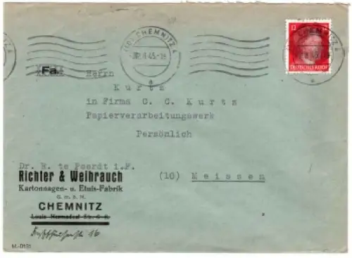 Chemnitz OPD Schwärzung AP 788 12 Pfg Hitler 2.8.1945 nach Meissen