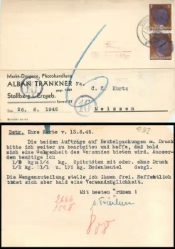 Stollberg Erzgebirge OPD Chemnitz Schwärzung AP 782 3 Pfg Hitler Streifen 27.6.1945 nach Meissen Nachgebühr