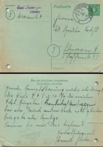 Ganzsache 6 Pfennig grün o Festung Dömitz 22.2.1946 nach Schwerin