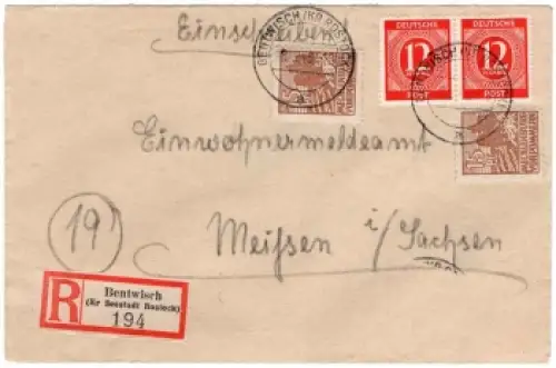 SBZ Mecklenburg-Vorpommern 2 x Michel 37 auf R Brief o Bentwisch 8.3.1946 nach Meissen