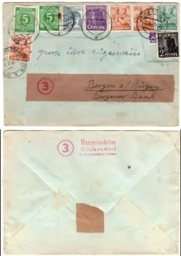 Gemeinschaftsausgaben Zehnfachfrankatur auf Brief von Wöpkendorf bei Dettmannsdorf 26.6.1948 nach Bergen Rügen