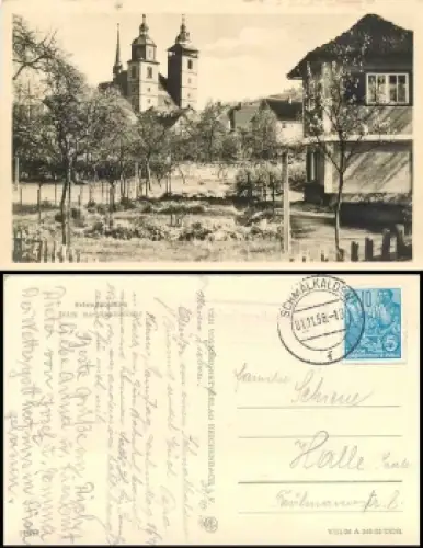 98574 Mittelschmalkalden über Schmalkalden Landpoststempel auf AK o 1.11.1958