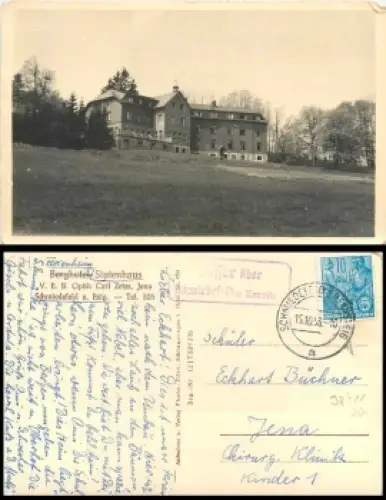 98528 Vesser über Schmiedefeld a Rennsteig Landpoststempel auf AK Hotel Stutenhaus o 15.10.1958