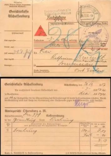 Aschaffenburg Nachnahme Karte der Gerichtskasse "Frei durch Ablösung Reich" o 20.7.1937